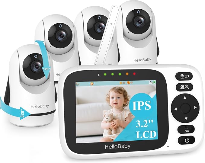 HelloBaby 3.2'' Baby Monitor 4 Cameras, Video Audio Baby Monitor No WiFi by HelloBaby