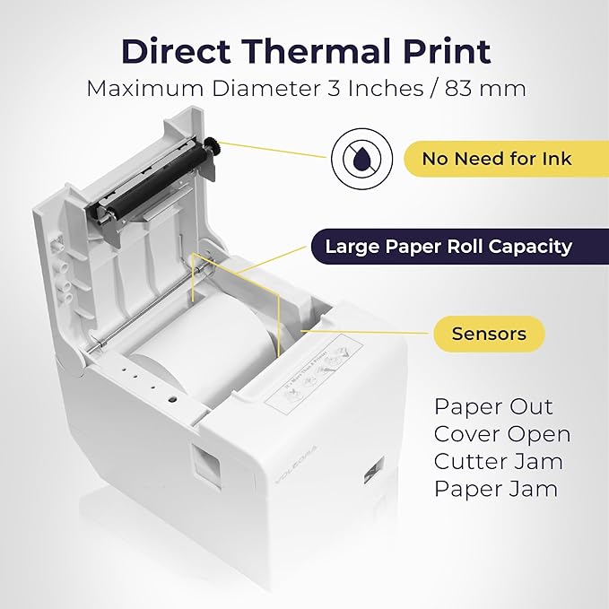 Volcora Thermal Receipt Printer, 80mm POS Printer w/Auto Cutter, USB/Ethernet - Image 4