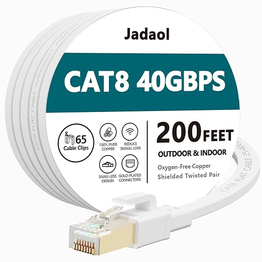 Jadaol Cat 8 Ethernet Cable 200ft, 40Gbps 2000MHz Flat S/FTP LAN Patch Cable by Jadaol