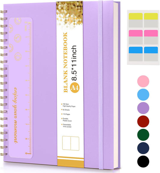 Blank Spiral Notebook Journal 8.5” x 11”, A4 Large Sketch Book for Women Men, 100 GSM Blank Paper Drawing Notebook, Plastic Hardcover Spiral Bound Sketchbook for Sketching Work School Writing, Purple