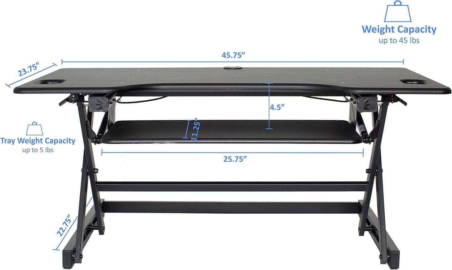 Rocelco 46" Large Height Adjustable Standing Desk Converter with Dual Monitor Mount Arm BUNDLE - Quick Sit Stand Up Computer Workstation Riser - Retractable Keyboard Tray - Black (R DADRB-46-MA2)