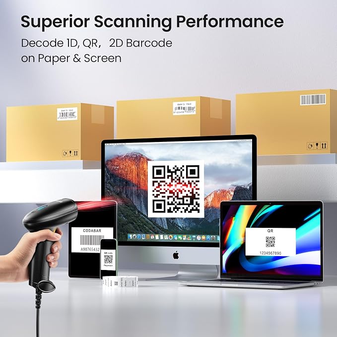 Barcode Scanner with Stand: USB Wired Inventory 2D 1D QR Code Scanner, - Image 3