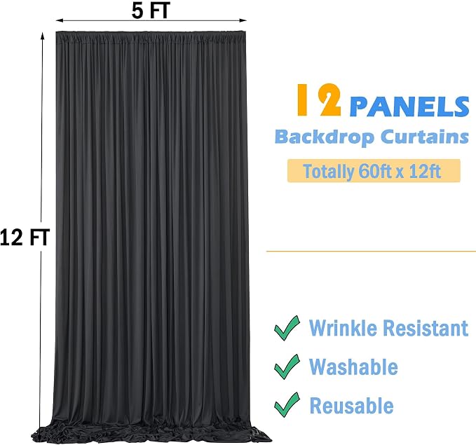 60ft x 12ft Wrinkle Free Black Backdrop Curtains - Image 7