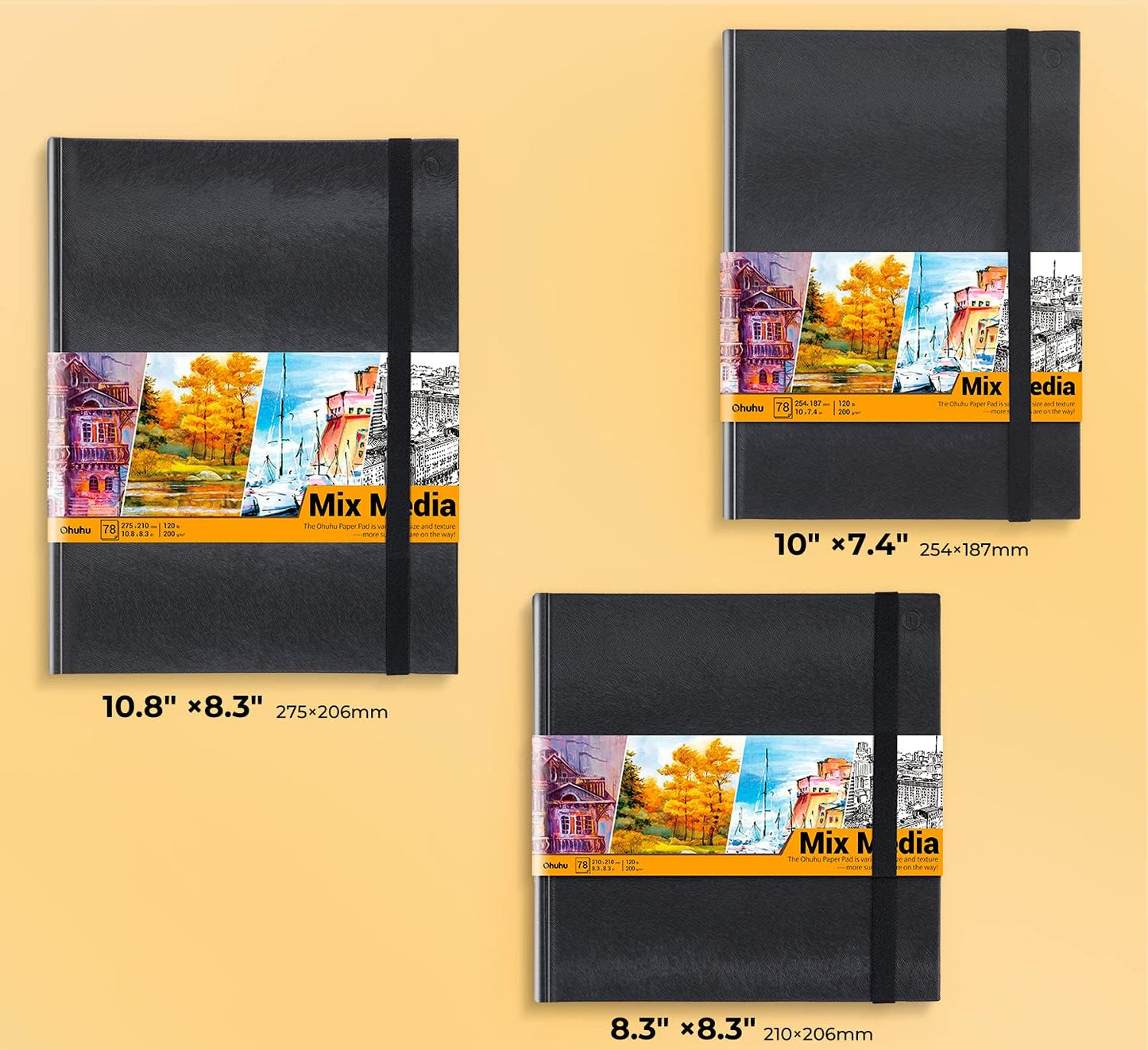 Ohuhu Mix Media Pad - 10.8"x8.3" Mixed Media Art Sketchbook, 120 llb/200 GSM Heavyweight Papers, 78 Sheets/156 Pages, PU Hardcover Mixed Media Paper Pad for Acrylic Painting Christmas Gift