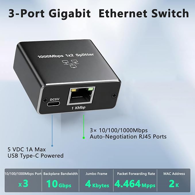 3 Port Gigabit Wired Ethernet Switch 1000Mbps USB Type-C 5V Powered Aluminum - Image 4
