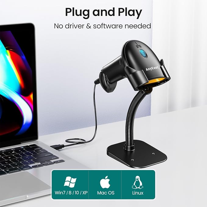 Barcode Scanner with Stand: USB Wired Inventory 2D 1D QR Code Scanner, - Image 2