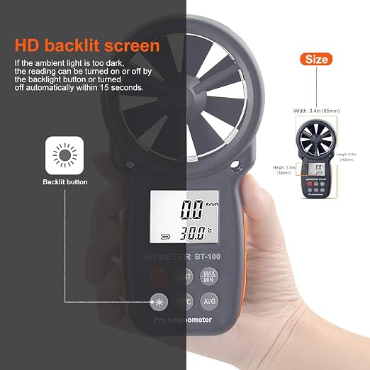 BTMETER BT-100 Handheld Anemometer, Digital Wind Speed CFM Meter Gauge Air Flow - Image 6