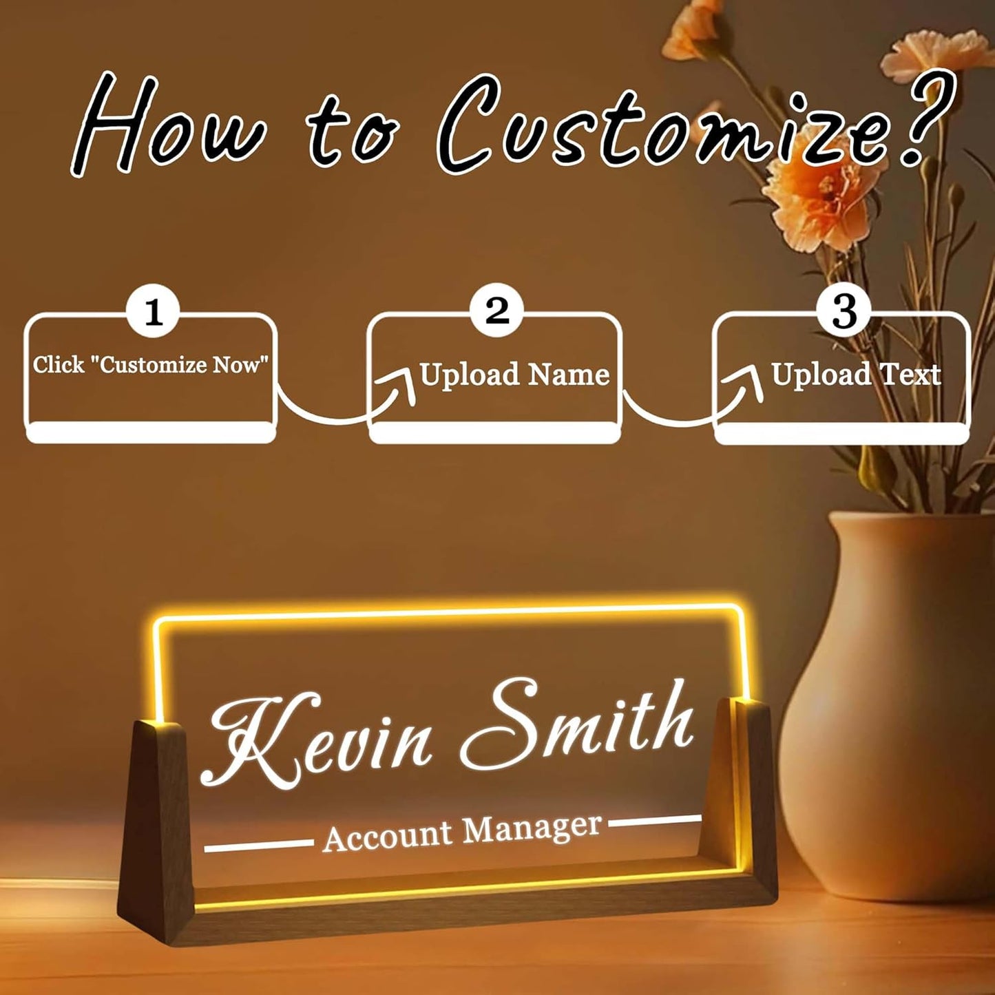 Personalized Desk Name Plate with LED Light & Wooden Base, Custom Acrylic Name Sign | Custom Office Decor & Appreciation Gifts for Boss Coworkers, New Job Promotion Gift (Style 4)