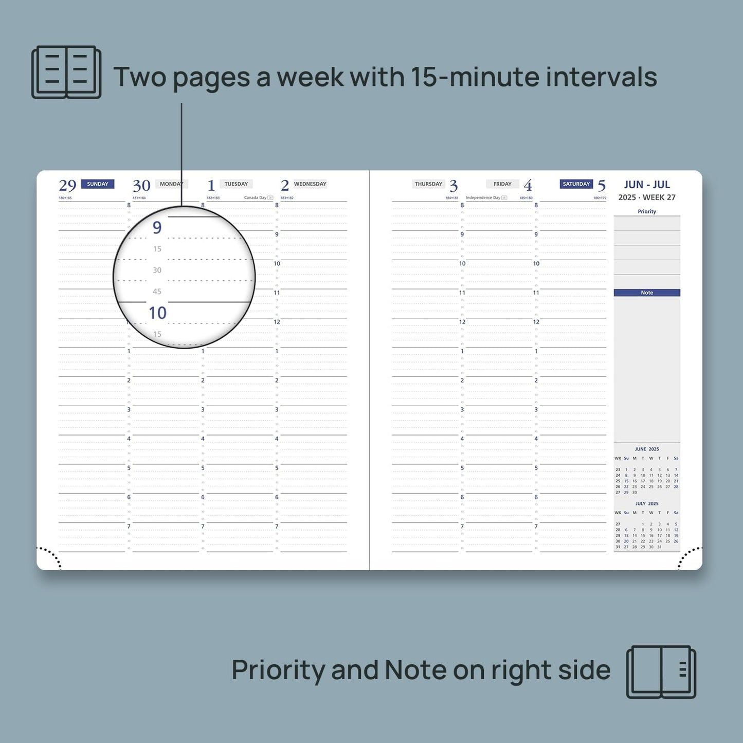 POPRUN Weekly Planner 2025-2026, 7.25'' x 8.5'', 15-Minute Hourly Appointment Book (July 2025-June 2026) with PU Leather Softcover, Monthly Tabs, Inner Pocket - Pacific Green
