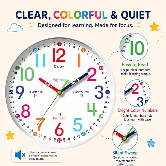 Roymnie Wall Clock 8 Inch for Kids Learning to Tell Time Easily Non Ticking - Image 7