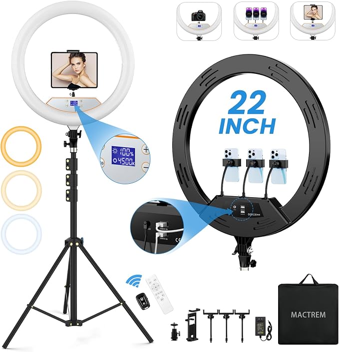 22'' Ring Light with 75'' Tripod Stand, LED Display/2 USB Ports/6500K Dimmable by MACTREM