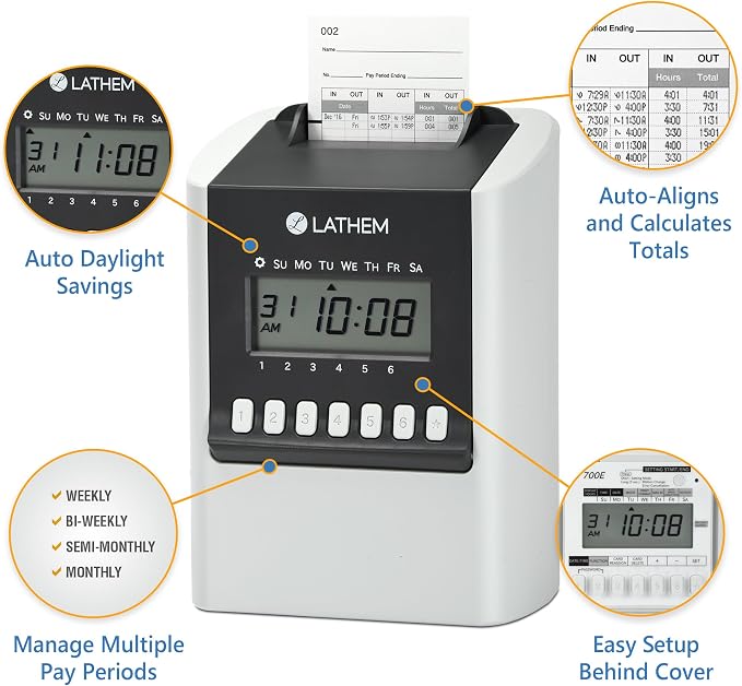 Lathem 700E Calculating Electronic Time Clock, 6.9" x 5.2" x 9.6" - Image 2