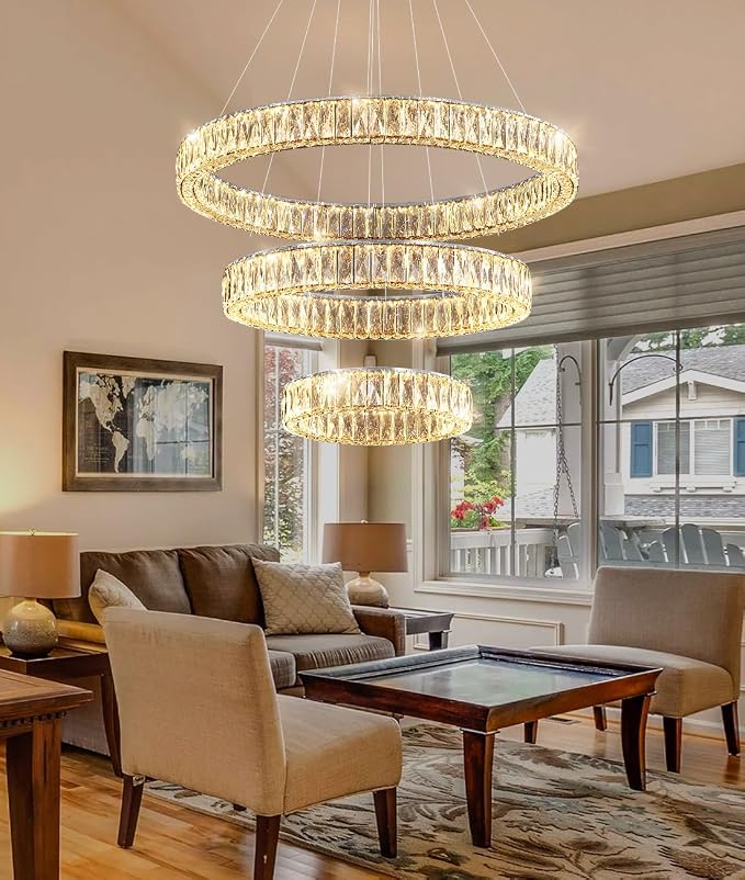 HAIXIANG Modern Glam Chandelier Crystal LED Remote Rings Chandelier Adjustable - Image 7
