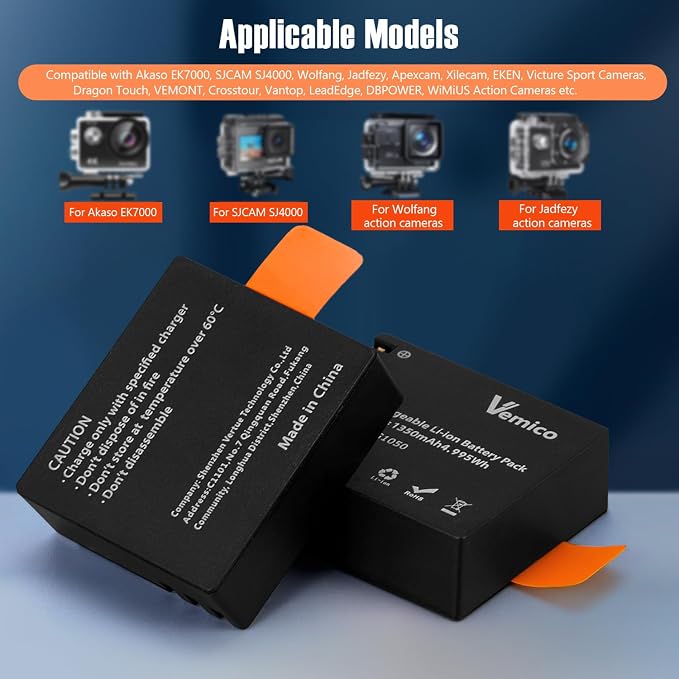 Vemico Action Camera Battery Charger 3-Pack 1350mAh PG1050 Battery LED - Image 2