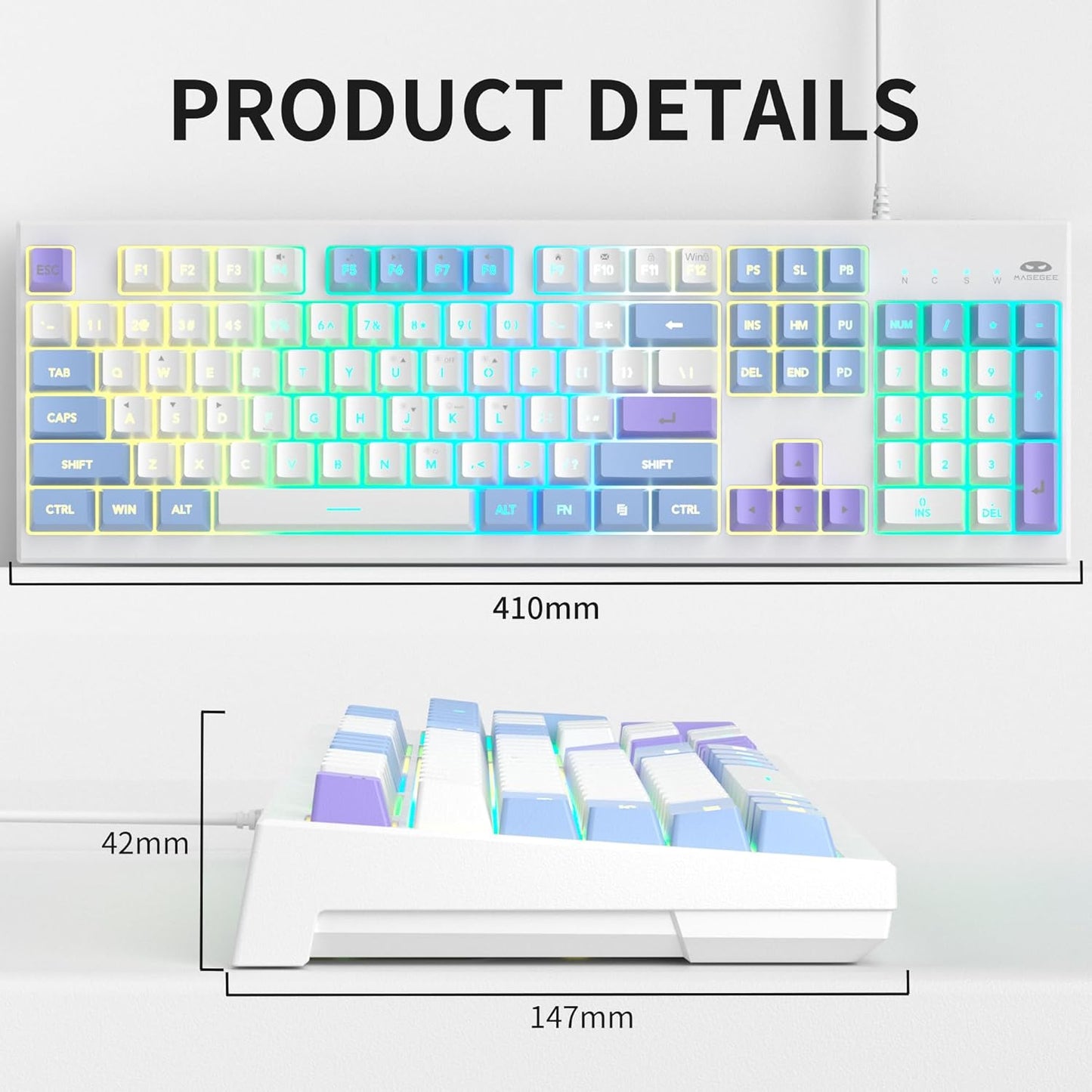 MageGee Creamy Keyboards,K2 Classic Keyboard Wired RGB Backlit 104 Keys Waterproof Ergonomic Keyboard,PC Keyboards for PC/loptop/MAC - Lris Violet