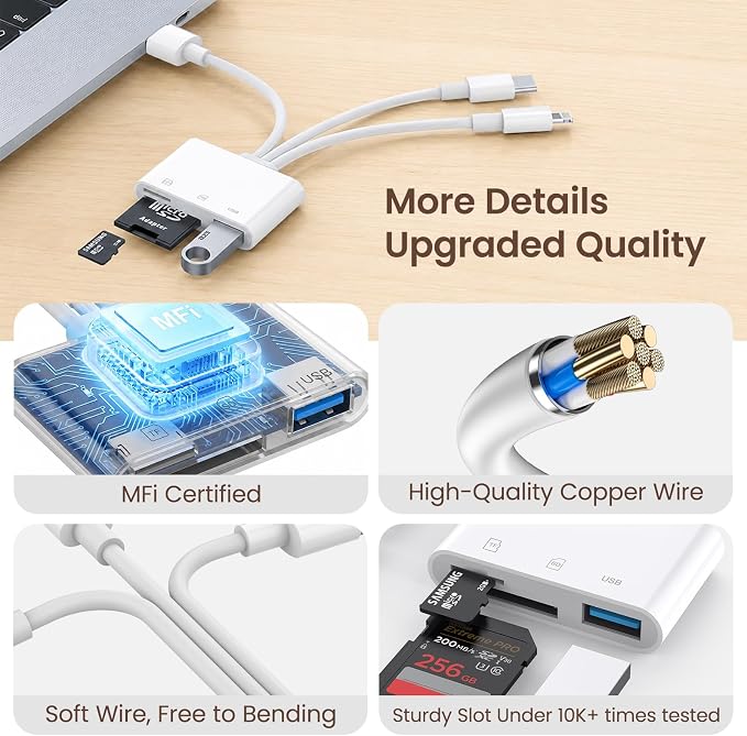 SD Card Reader for iPhone iPad Mac, 3-in-1 Lightning/USB-C/USB-A MicroSD/SD - Image 4