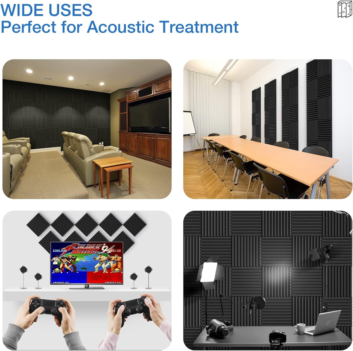 24 Pack Self-Adhesive Acoustic Panels - 1"X 12"X 12"Wall Panels - Quick-Recovery and High Density Sound Panels - Sound Proof Acoustic Foam for Home Studio - Black