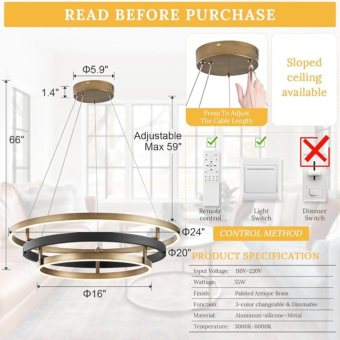 3 Ring LED Chandelier Black Gold Chandelier Light Fixture Dimmable Round Foyer - Image 7