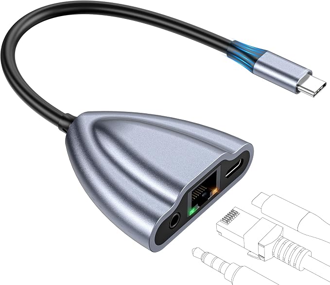 USB C Hub Multiport Adapter, 4 in 1 USB C Spliter to 3.5mm Audio, 1Gbps RJ45 by CIXUN