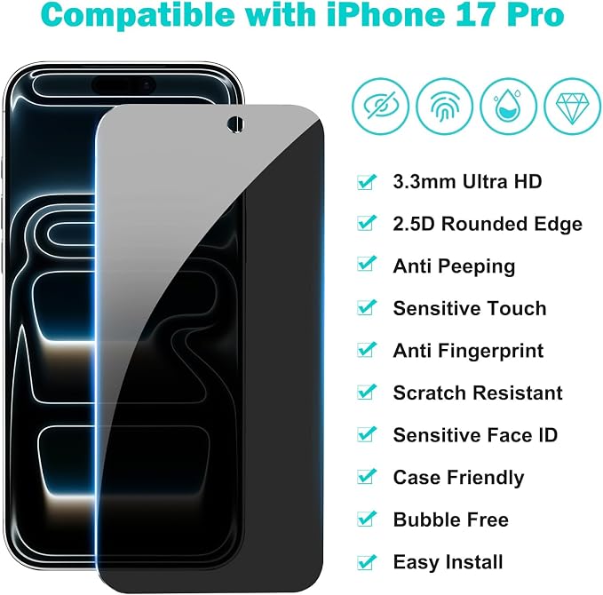 PEHAEL 3+3 Pack for iPhone 17 Pro Privacy Screen Protector - Image 2