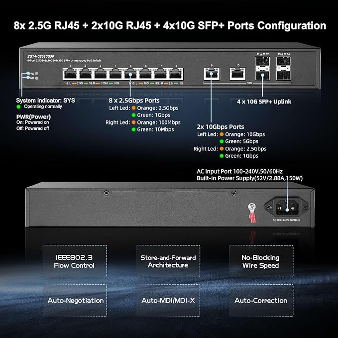 14 Port 10G Switch, 2x10G RJ45, 4x10G SFP+, Metal Unmanaged Binardat Ethernet - Image 5