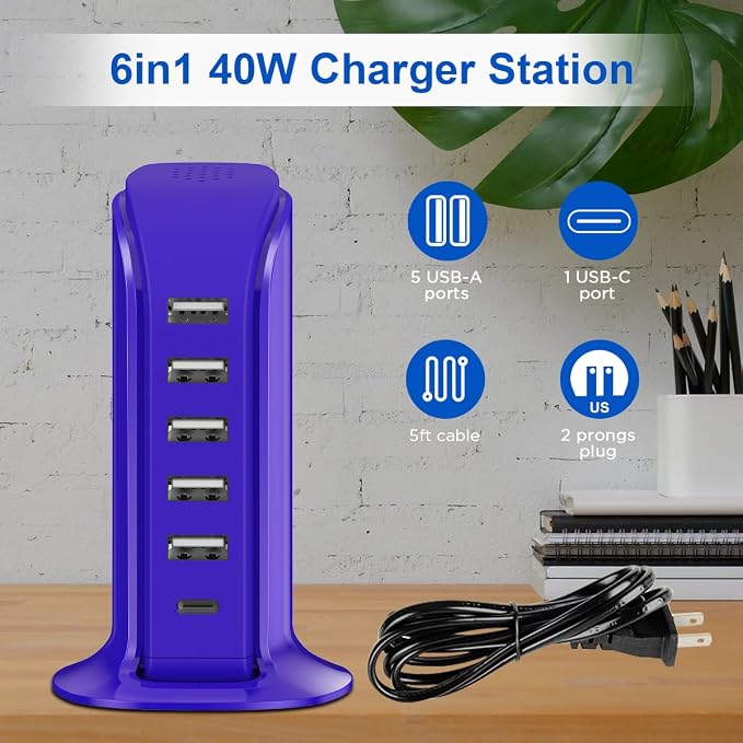 iPhone Charger Fast Charging Upoy, 6 Ports USB Blocks, Power Adapter 1 USB C + - Image 5