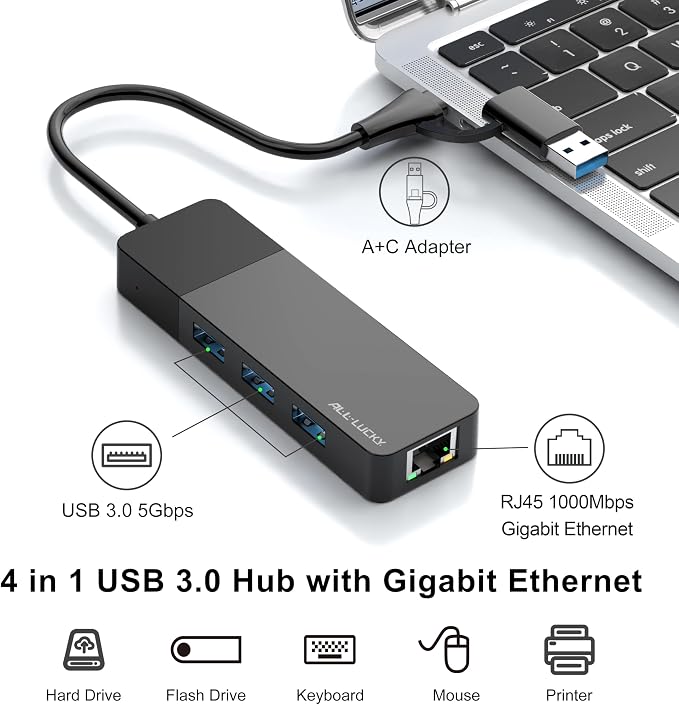 ALL-LUCKY USB to Ethernet Adapter, 4 in 1 USB C to Ethernet Adapter Hub - Image 2