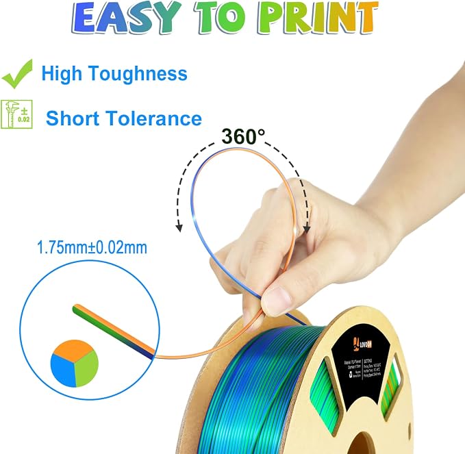 LOVOON PLA 3D Printing Filament 1.75MM Silk tricolors, Color Change by Angle - Image 4