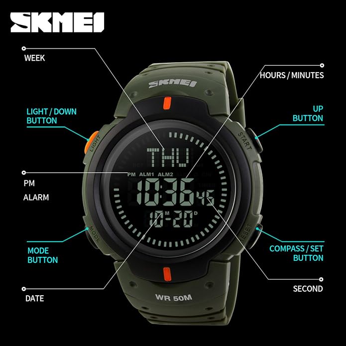 Gosasa Men’s Watch Sports Digital Compass Survival 50M Waterproof Stopwatch - Image 7
