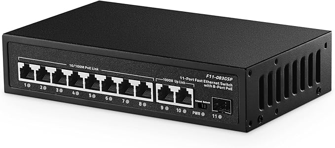 11 Port POE Switch, 8 POE+ 10/100Mbps, 2 Gigabit Uplink, 1 Gigabit SFP by Binardat
