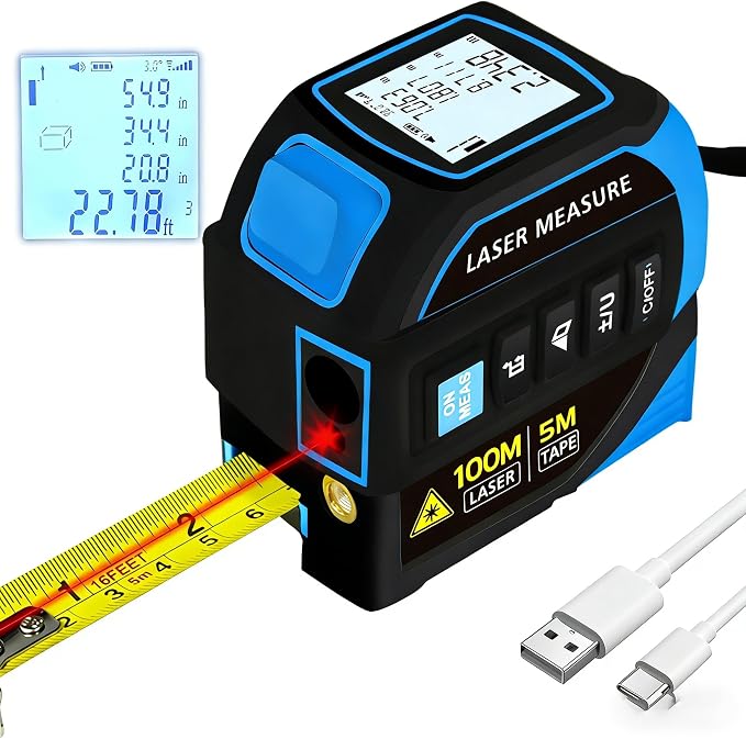 4-in-1 Laser Tape Measure 328FT, Digital Laser Distance Meter, 16FT Steel Tape by Unknown
