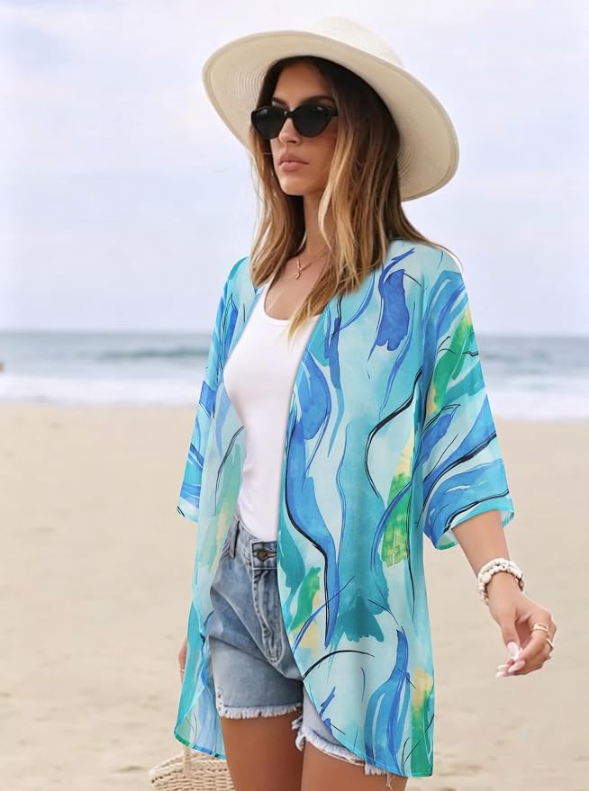 Women's Floral Print Puff Sleeve Kimono Cardigan Loose Cover Up Casual Blouse - Image 5