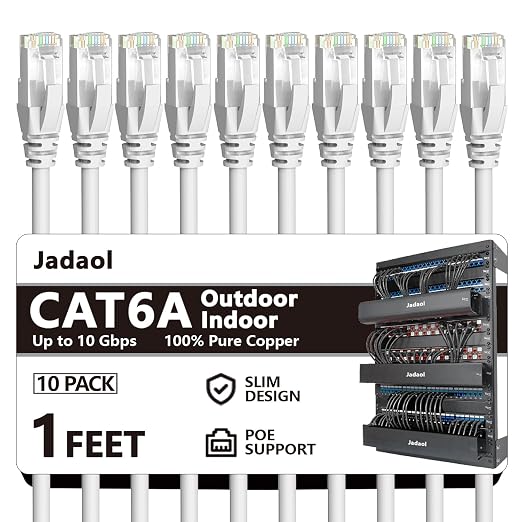 Jadaol Cat6a Ethernet Cable 1 ft 10 Pack, Slim 10G 550MHz 28AWG Patch Cable by Jadaol