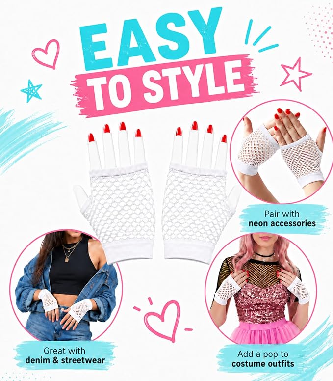 Seeksmile Women's Girls 80's Theme Party Emo Fingerless Arm Fishnet Gloves - Image 6