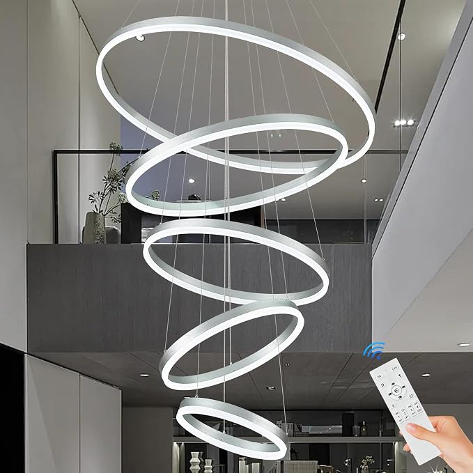 5-Rings D31.5in Modern LED Chandelier Silver Dimmable High Ceiling Chandeliers by Sparklelf