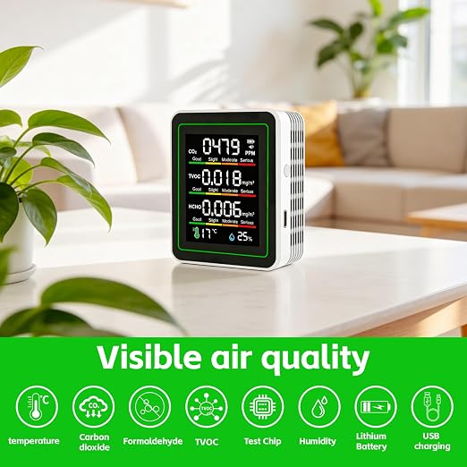 5-in-1 Indoor Air Quality Monitor, Portable CO2 Detector - Image 3