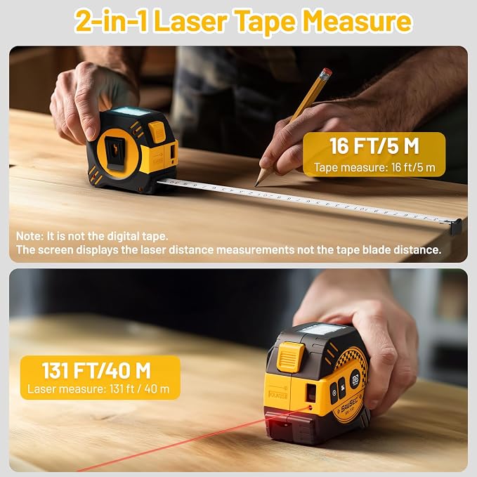 2 in 1 Laser Tape Measure, Rechargeable Laser Measure & 16ft Self-Locking - Image 2