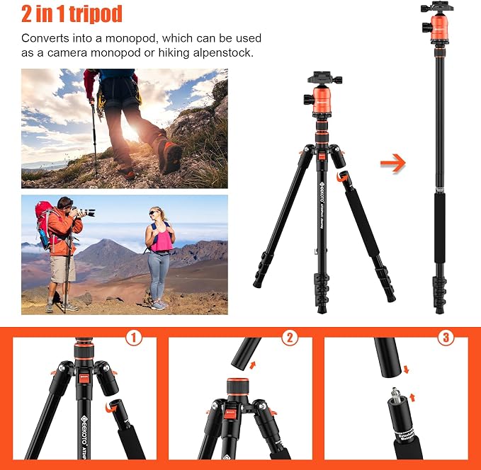 GEEKOTO 77'' Aluminum Camera Stand & Monopod, Foldable Travel Gear - Image 4