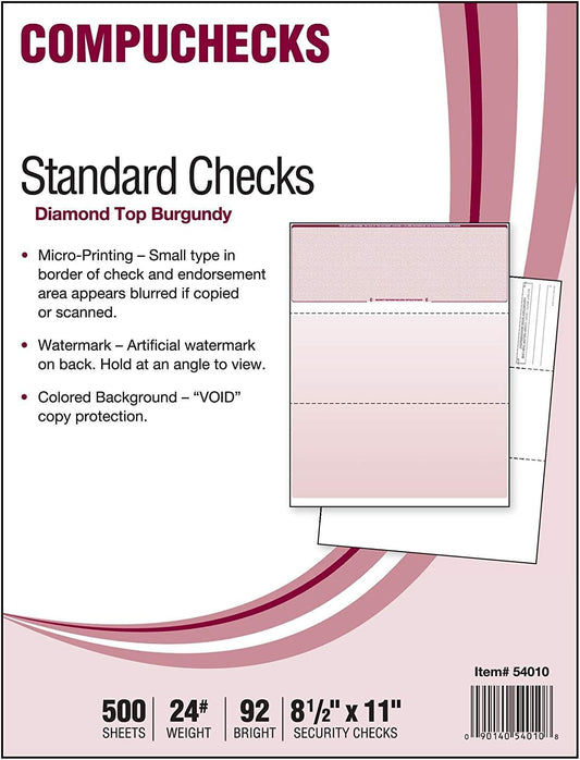 Compuchecks Check on Top Blank Check Paper - 500 Pack, Quick-Books & Laser Printer Compatible - Security Business Checks with Voucher - 8.5" x 11" Burgundy Diamond