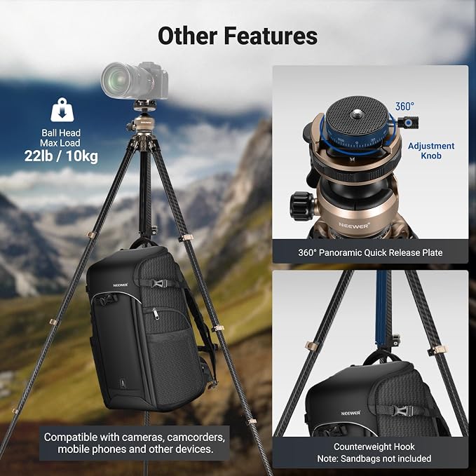 NEEWER LITETRIP Carbon Fiber Travel Tripod - Image 6