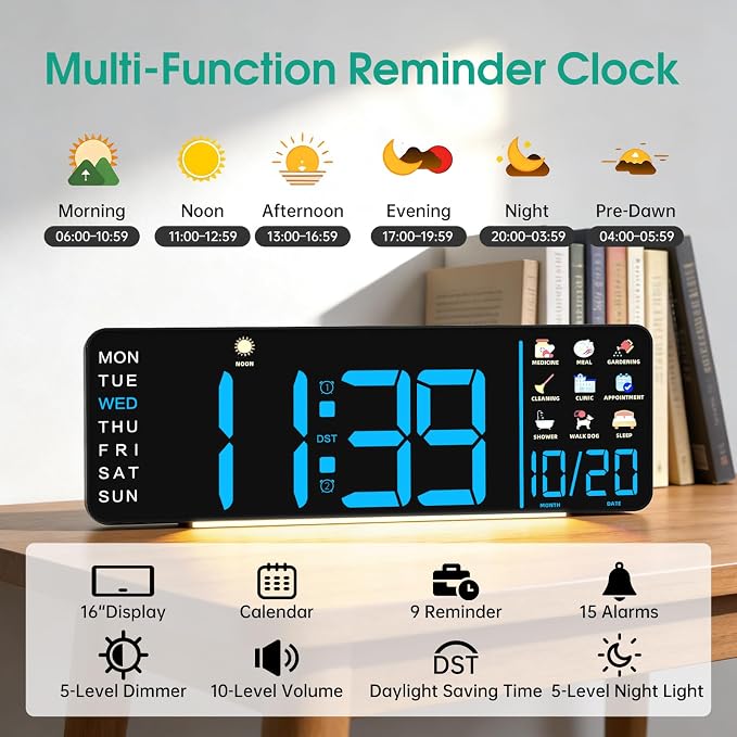 Hoifen Clock with Day and Date for Seniors, Remote Control, Night Light - Image 3