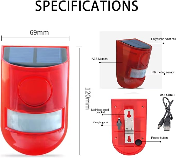 Solar Sound & Light Alarm Outdoor Motion Sensor, 129db Siren Sound Alert - Image 6