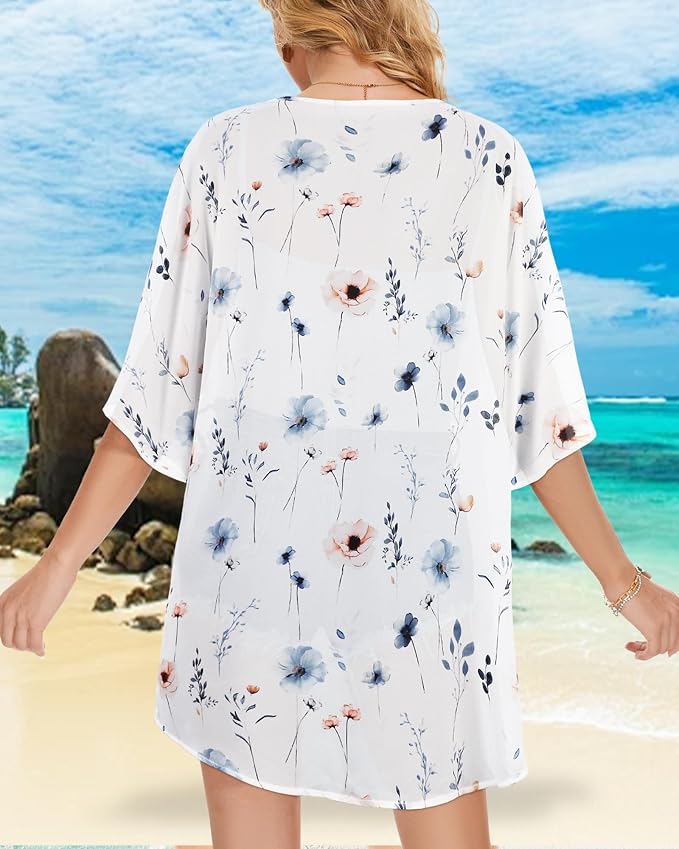 Women's Floral Print Puff Sleeve Kimono Cardigan Loose Cover Up Casual Blouse - Image 5