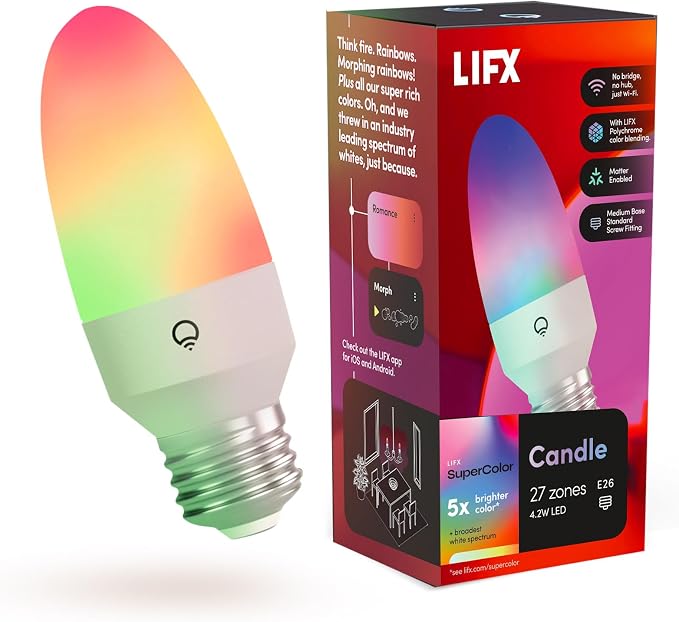 LIFX Color Smart Candle LED Bulb, E26 Base, Wi-Fi RGBW Flame Effect by LIFX