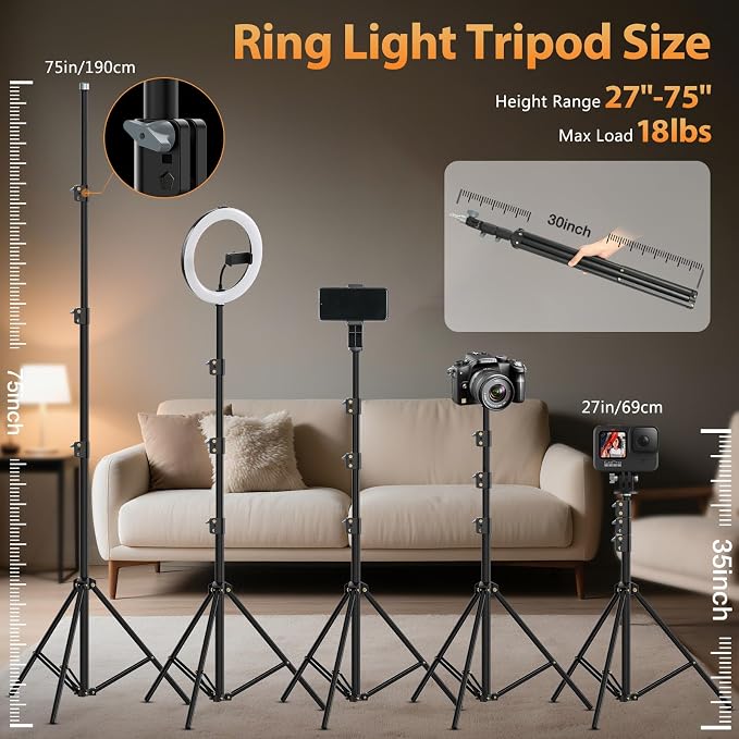 22'' Ring Light with 75'' Tripod Stand, LED Display/2 USB Ports/6500K Dimmable - Image 5