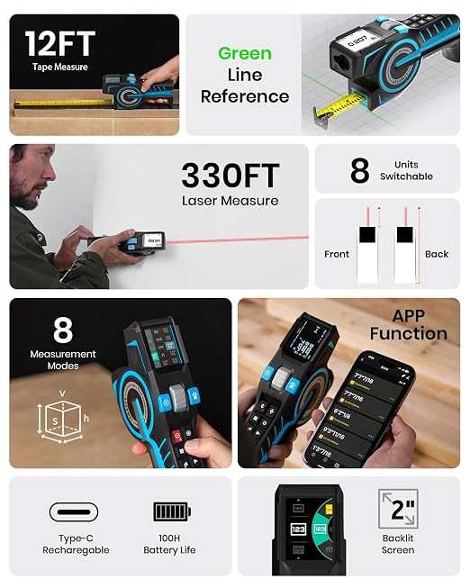 ACEGMET Digital Tape Measure 12ft Tape ±1.5mm & 330Ft Laser Distance Meter | - Image 3