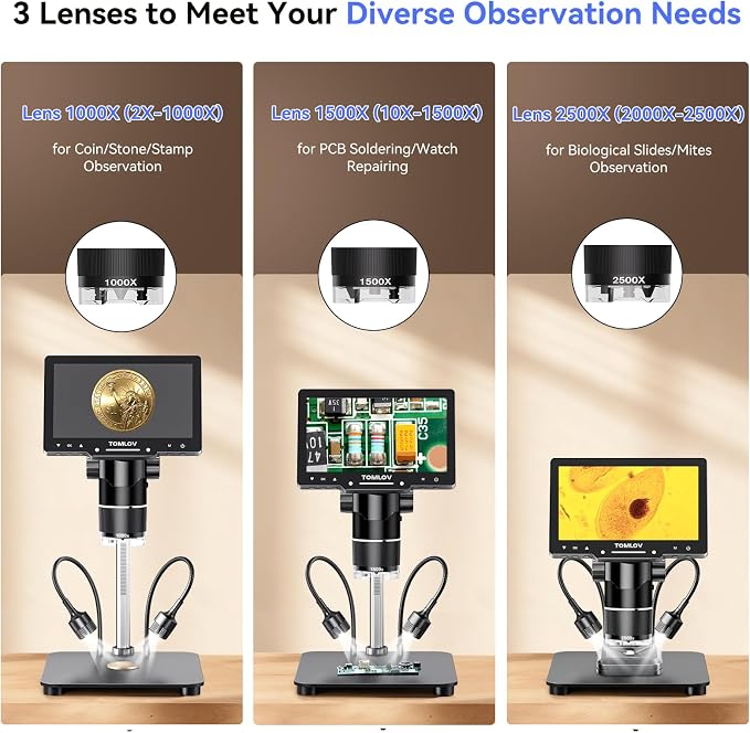 TOMLOV TriL107 3-Lens Digital Microscope: 7" 2500X 2K HD Coin Microscope - Image 3