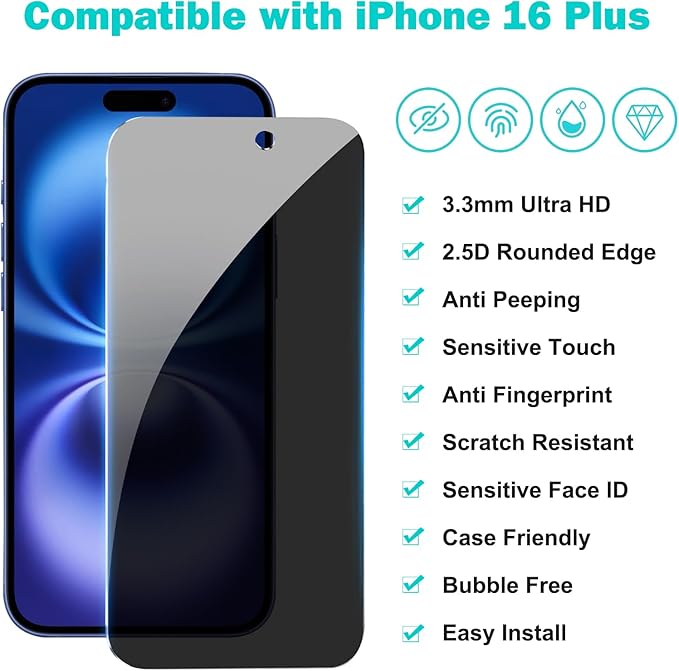 PEHAEL 3+3 Pack for iPhone 16 Plus Privacy Screen Protector - Image 2