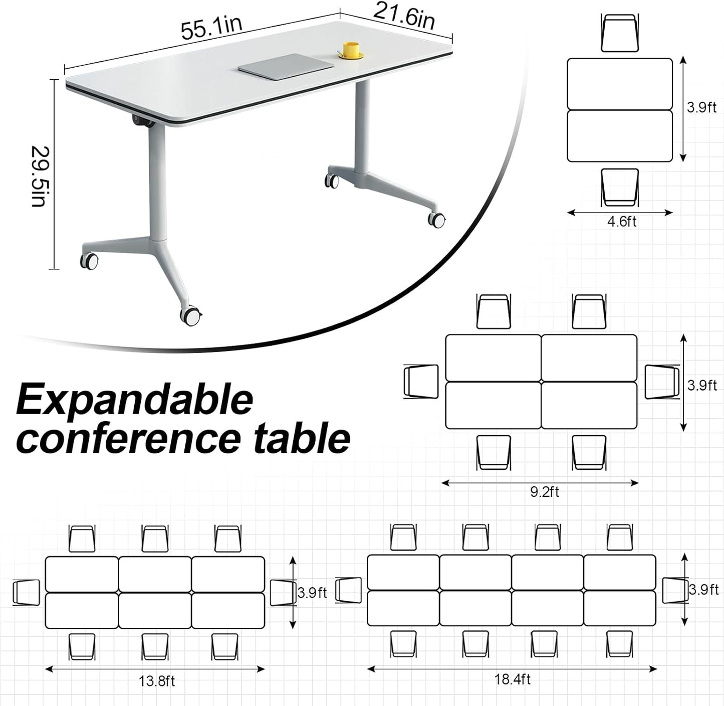 Folding Conference Table, Modern Large Conference Room Tables with Flip-Top Design, Foldable Conference Table Meeting Table with Wheels, Mobile Seminar Training Tables for Office Classroom (4, White)