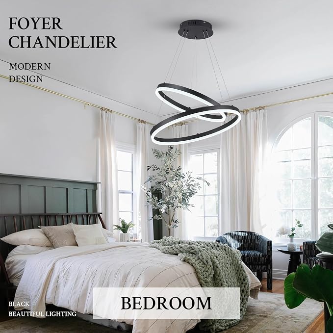 Modern LED Chandelier Black 2-Rings Pendant Light Circular Flush Mount Ceiling - Image 4